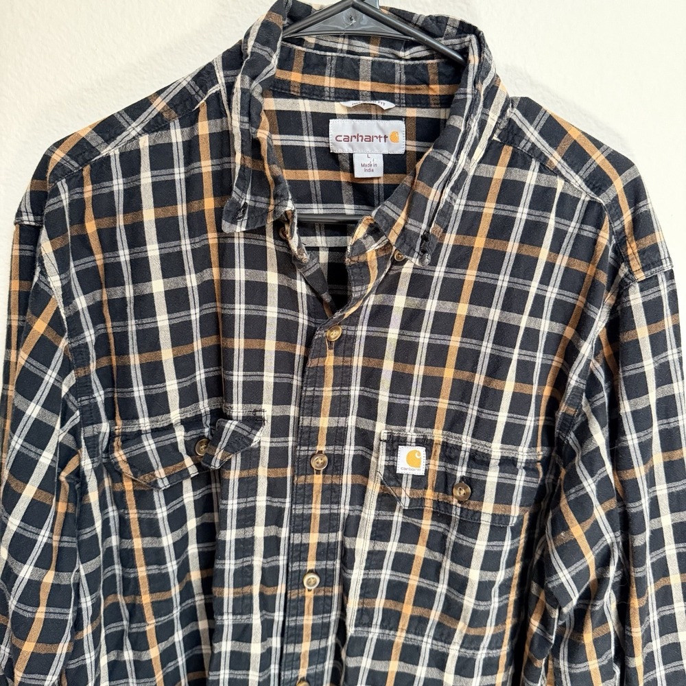Carhartt Shirt Mens Large Black Beige Plaid Flannel Relaxed Fit Long Sleeve Work